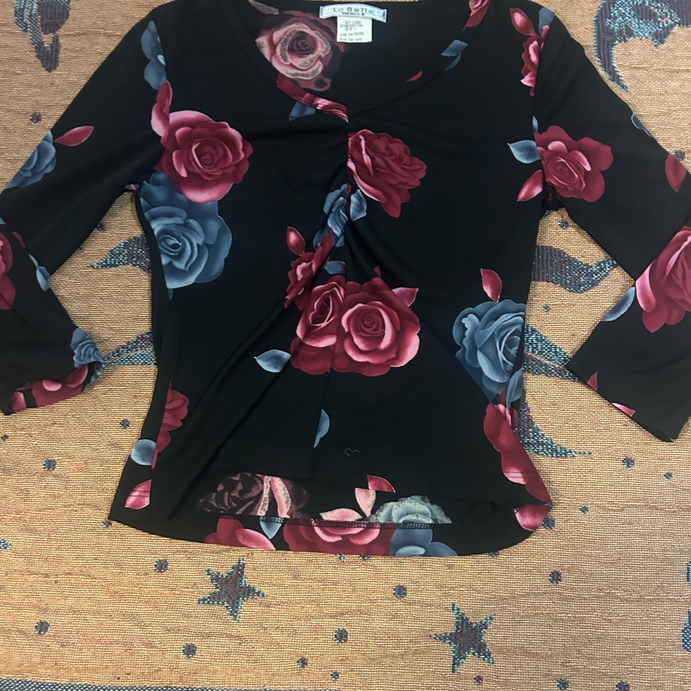La Belle Black Long Sleeve Top with Red and Blue Floral Design